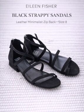 Eileen Fisher Black Strappy Sandals Leather Minimalist Zip Back Sz 8
